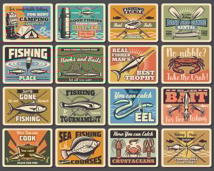 fishing sport, tackles, hooks retro signs vector
