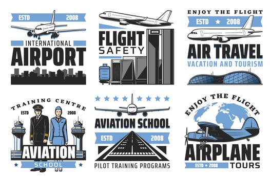 Airlines, airport, aviation vector icons