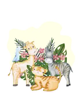 African watercolor animals, zebra, parrot, tiger,  giraffe, leaves and flowers of the tropical jungle vector