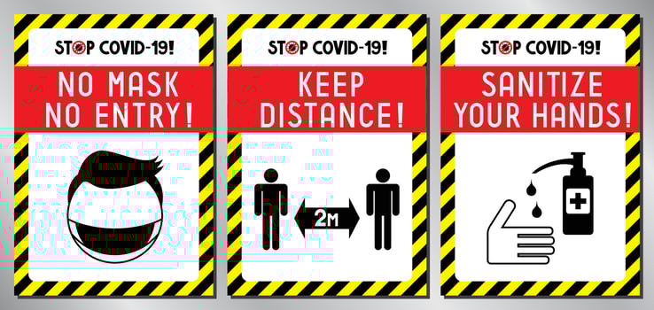 Posters about Wearing Face Masks, Keeping Distance and Sanitizing vector