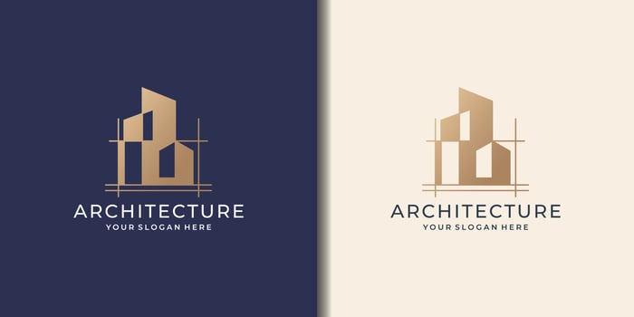 Architect house logo, architectural and construction sketch design with premium golden color style. vector