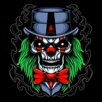 scary skull clown head vector illustration design with hat and bow tie, green hair