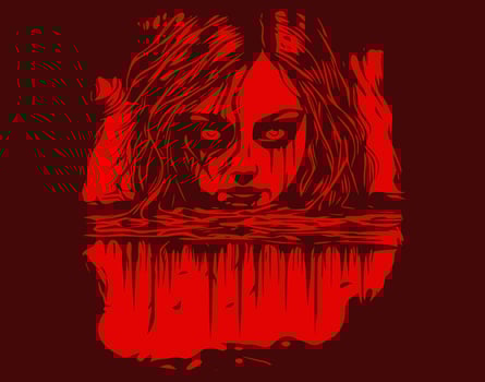 Horror Sketch gothic girl  and half face of goth woman above water. Isolated vector illustration. Fantasy, occultism, tattoo art, coloring book, prints