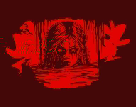 Horror Sketch gothic girl  and half face of goth woman above water. Isolated vector illustration. Fantasy, occultism, tattoo art, coloring book, prints