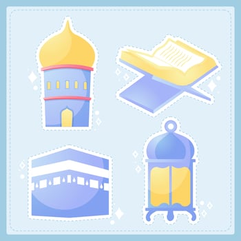 happy eid al fitr cartoon banner with cute lantern crescent moon background illustration vector