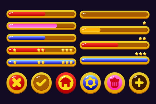 Set of game assets menu buttons popup screens and settings buttons red and yellow vector