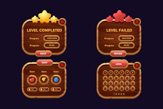 Game buttons of wooden and gold texture cartoon menu interface elements vector