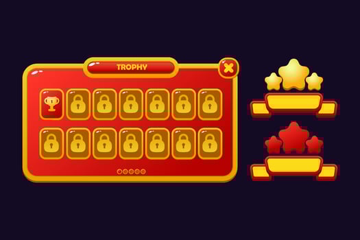 Set of game assets menu buttons popup screens and settings buttons red and yellow vector