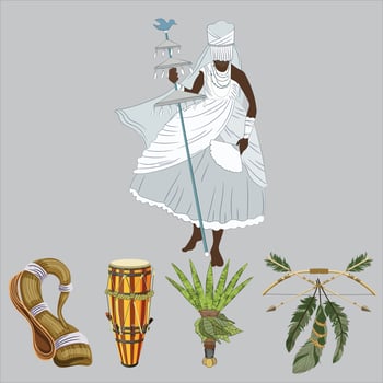 Umbanda religion in Brazil. adherents of umbanda. as well as musical instruments and darts vector