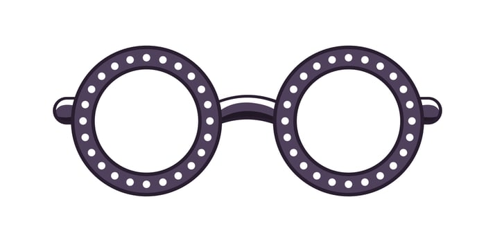 Black round transparent eyeglasses frame with white dot pattern clipart. Funky party glasses eyewear cartoon vector illustration.