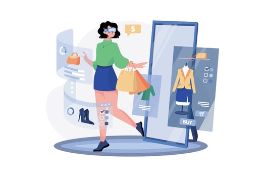 Woman wearing VR glasses having 3D experience in shopping in the metaverse. vector