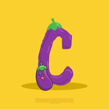 Letter C with cute eggplant sitting beside it. flat design vector