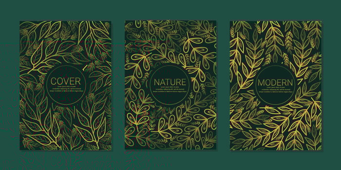 Collection of romantic vintage cover page designs. golden floral line art pattern in dark green background. vector background for elegant wedding invitation, menu, summer sale, holiday post,