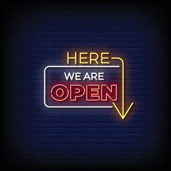 neon sign we are open here with brick wall background vector illustration