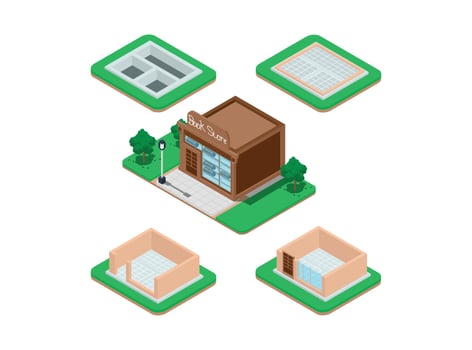 Isometric set stage-by-stage construction of a brick house. House building process. Foundation pouring, construction of walls, roof installation and landscape design vector