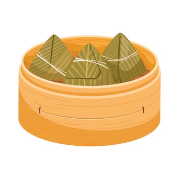 Chinese Rice Dumpling Wrapped by Green Bamboo Leafs in bamboo steamer basket. Dragon Boat Festival Concept or lunar new year. Vector illustration