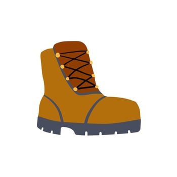Hiking boots. Sturdy brown leather travel shoes. Traveler clothing item. Doodle cartoon vector