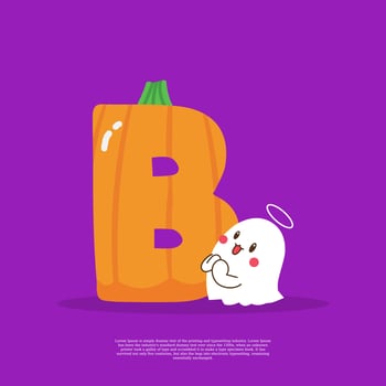 Pumpkin plus letter B with cute ghost emoji sticker beside it vector illustration.