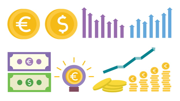Business icon illustration with gold coin, chart, banknote, and stack money vector