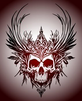 Psychecdelic Skull face, front view and side view. Ink black and red drawing. Vector illustration