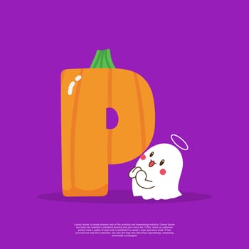 Pumpkin plus letter P with cute ghost emoji sticker beside it vector illustration.