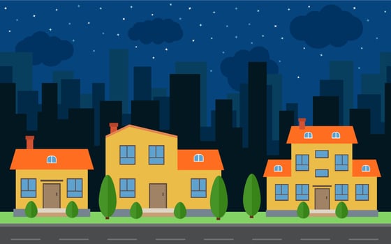 Vector night city with cartoon houses and buildings. City space with road on flat style background concept. Summer urban landscape. Street view with cityscape on a background