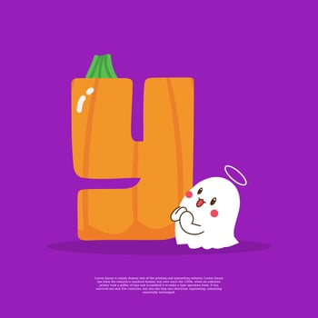Pumpkin plus letter Y with cute ghost emoji sticker beside it vector illustration.