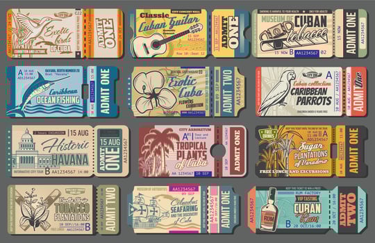 Cuba travel landmarks and sightseeing tour tickets vector