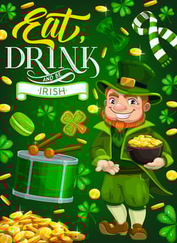 Patricks Day leprechaun, green hat and pot of gold vector