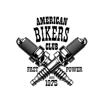 American bikers club badge, engine spark plugs vector
