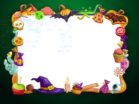 Frame of Halloween sweets, candies and treats, hat vector