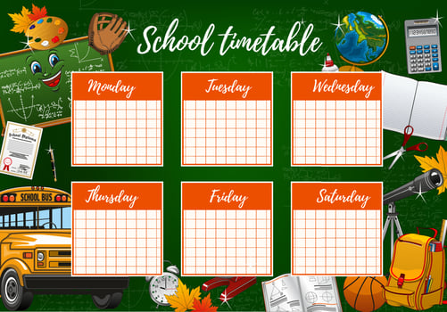 School timetable week schedule, study supplies vector