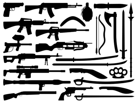 Weapon, gun, knife, rifle and shotgun silhouettes vector