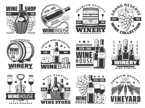 Wine and champagne bottles, glasses and grapes vector