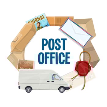 Parcel, letter, postage stamp, mail delivery truck vector