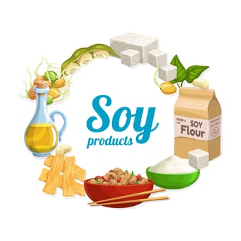 Soy beans, tofu, oil and flour, meat and noodles vector