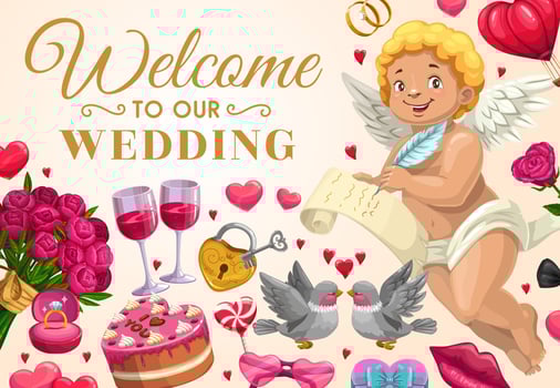 Wedding invitation, angel with love message vector