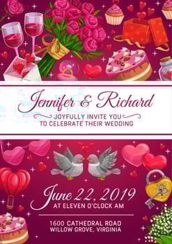 Wedding rings, cake and love hearts. Invitation vector