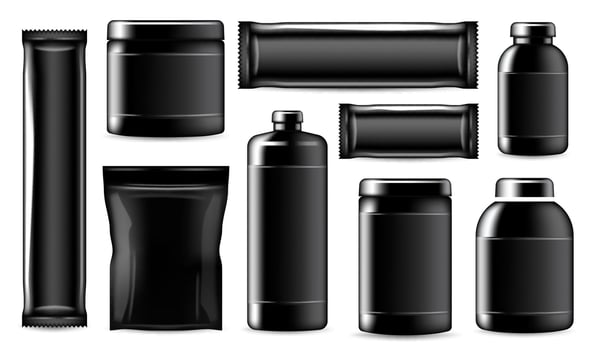 Realistic sport nutrition black containers package vector