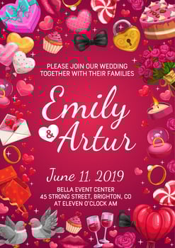 Groom and bride names, wedding day symbols of love vector