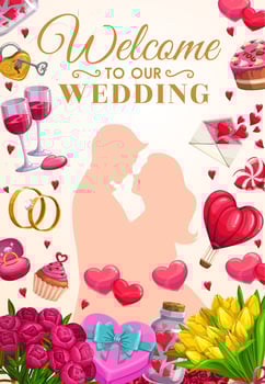 Wedding party invitation, bride and groom couple vector