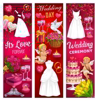 Wedding bride and groom rings, cake, gift, bouquet vector