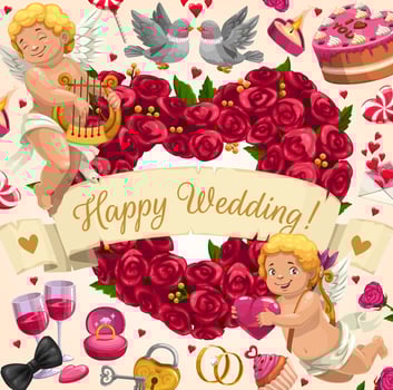 Wedding invitation, angels, flowers and love heart vector