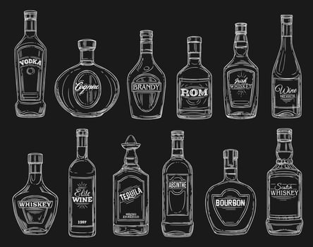 Wine, tequila, vodka, cognac alcohol drink bottles vector