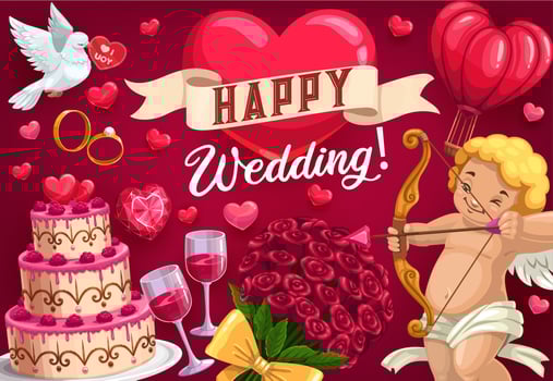 Save the date, wedding day symbol. Cupid and cake vector