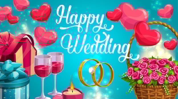 Wedding day greeting card, hearts symbols of love vector