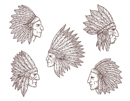 Native american indian chiefs with feathers vector