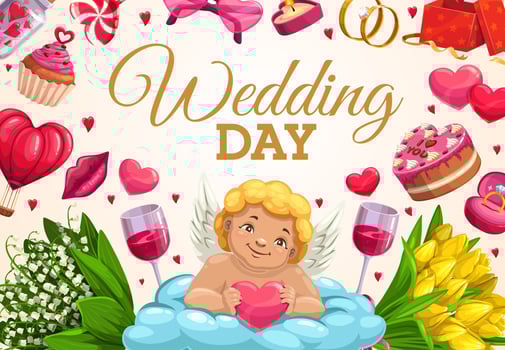 Cupid with love heart, wedding rings and gifts vector