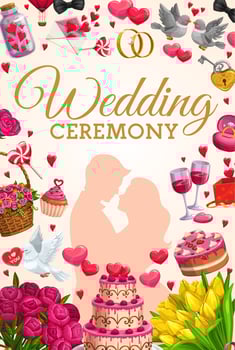 Wedding bride and groom with rings, cake and gifts vector