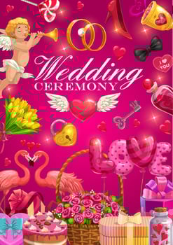 Wedding rings, bride and groom love hearts, gifts vector